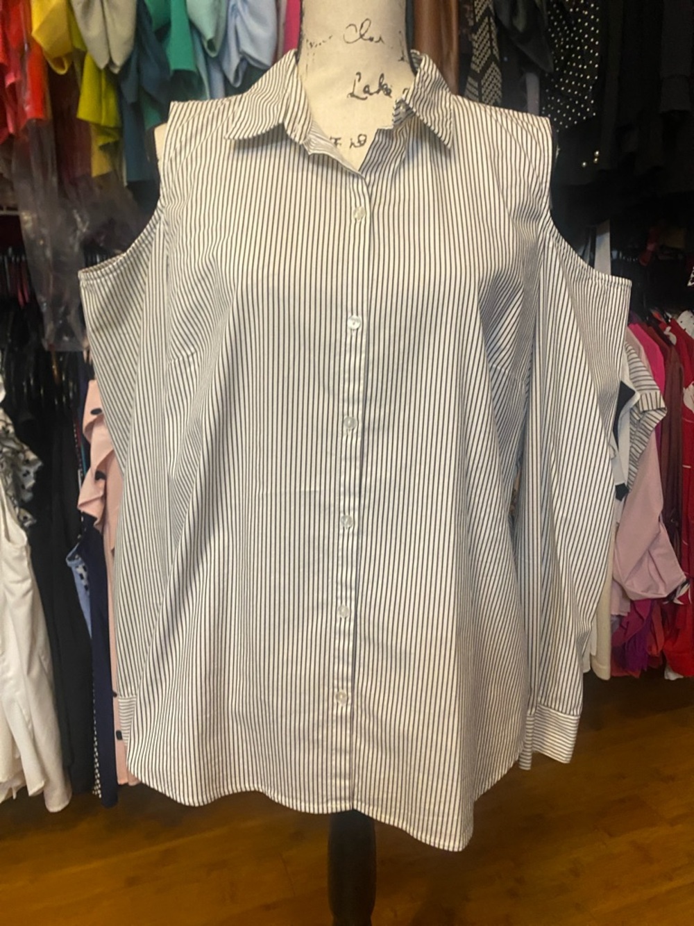 Worthington White and Blue Striped Cold-Shoulder Button-Up Blouse